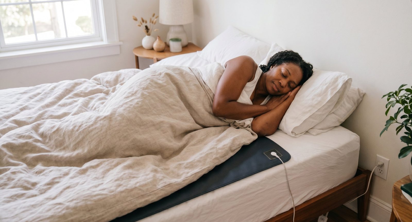 Woman sleeping in bed with a grounding mat across the fitted sheet, its cord running to a wall outlet.