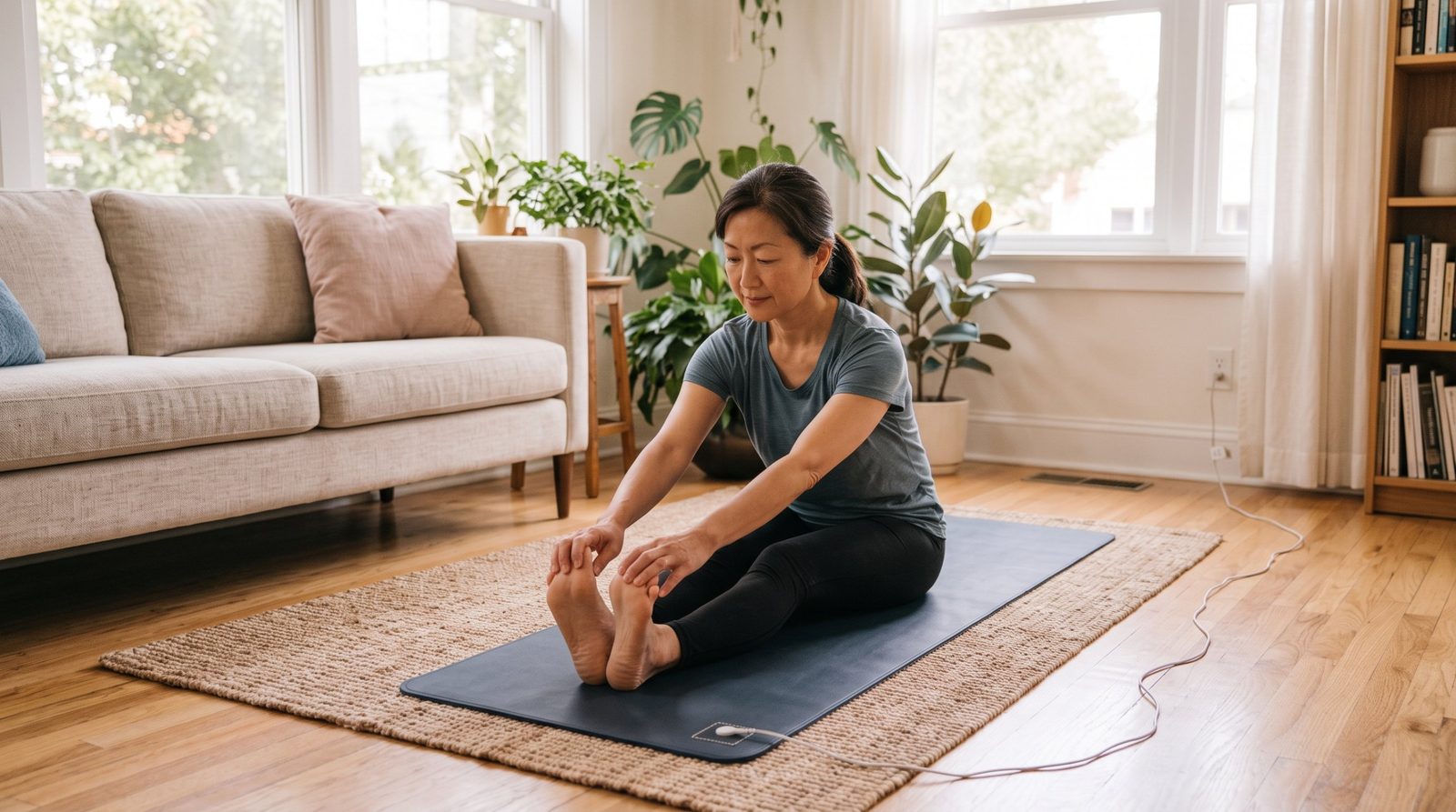 Woman sitting on a grounding mat on a living room rug, stretching toward her bare feet.