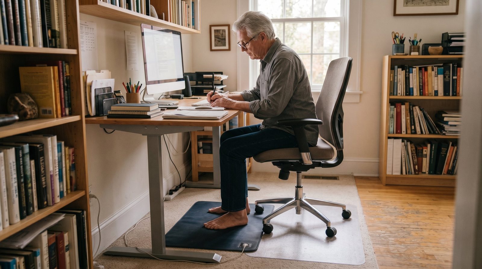 Man working at a home office desk with bare feet resting on a dark grounding mat plugged in beneath the desk.