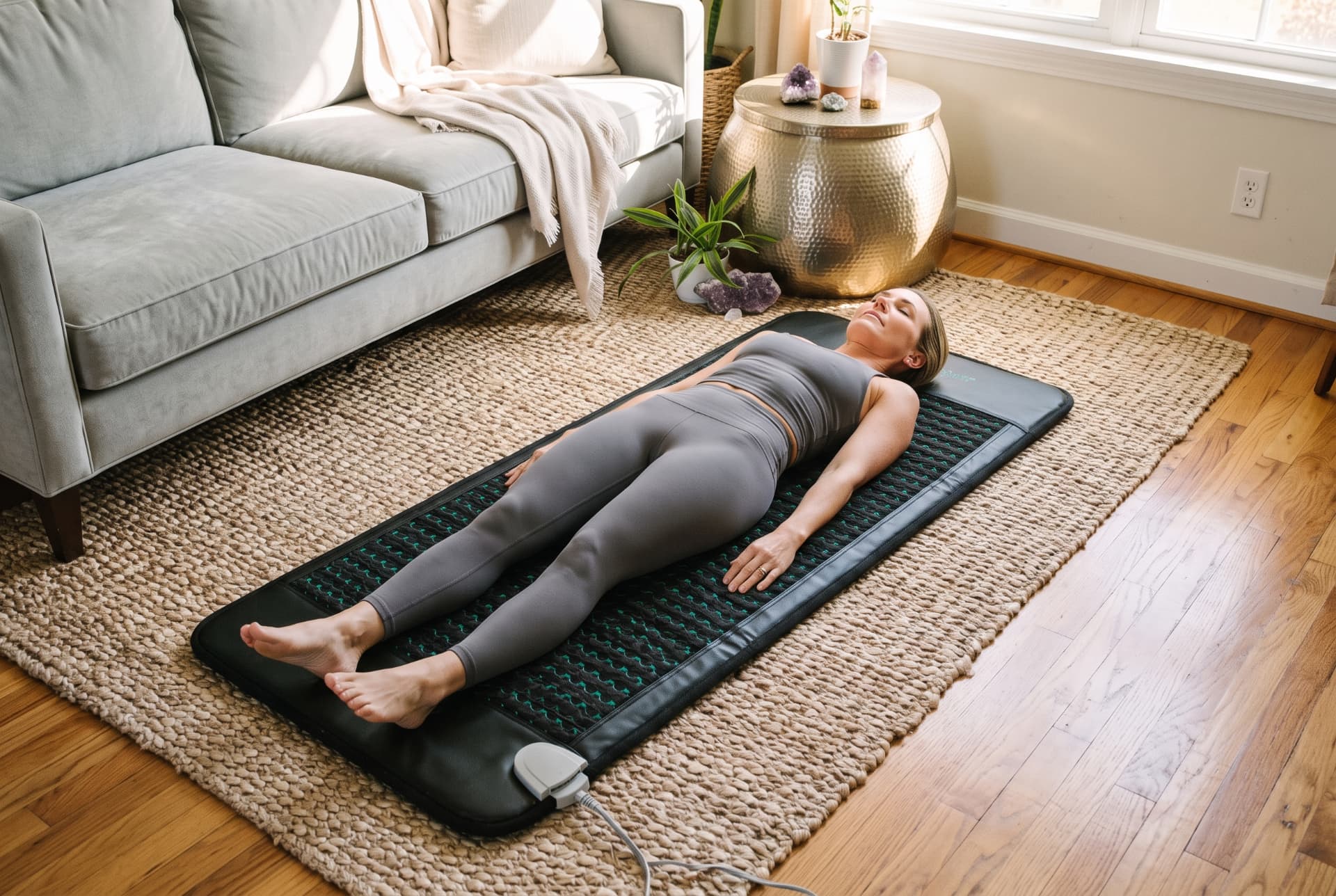 A woman in gray activewear lies on her back on a black PEMF therapy mat laid over a braided wool rug in a sunlit living room, eyes closed and arms resting at her sides.