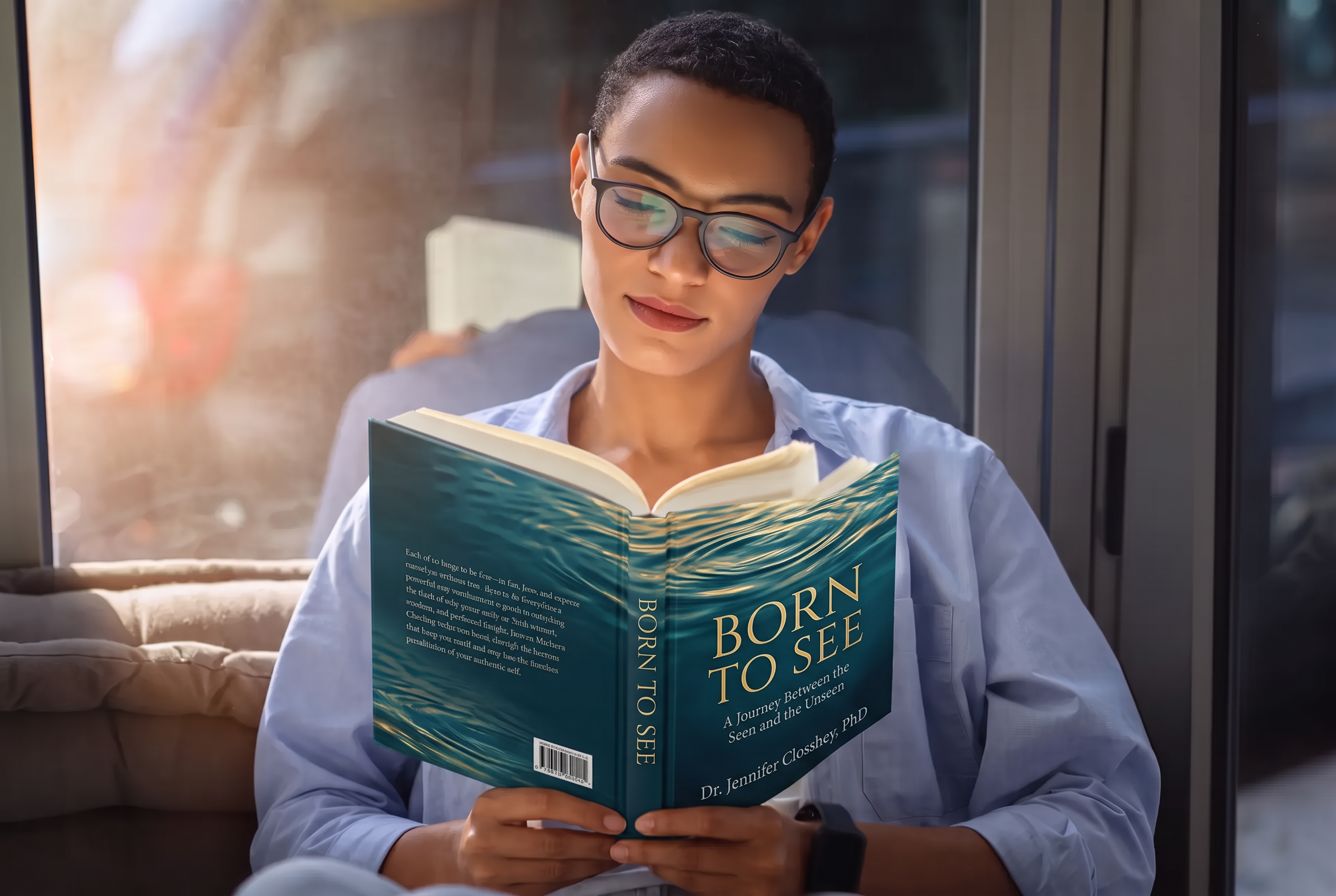 A woman reading Born to See by a sunlit window